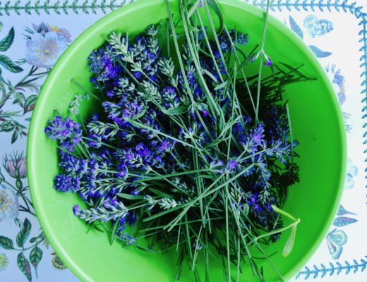 Lavender blossoms in a green bowl